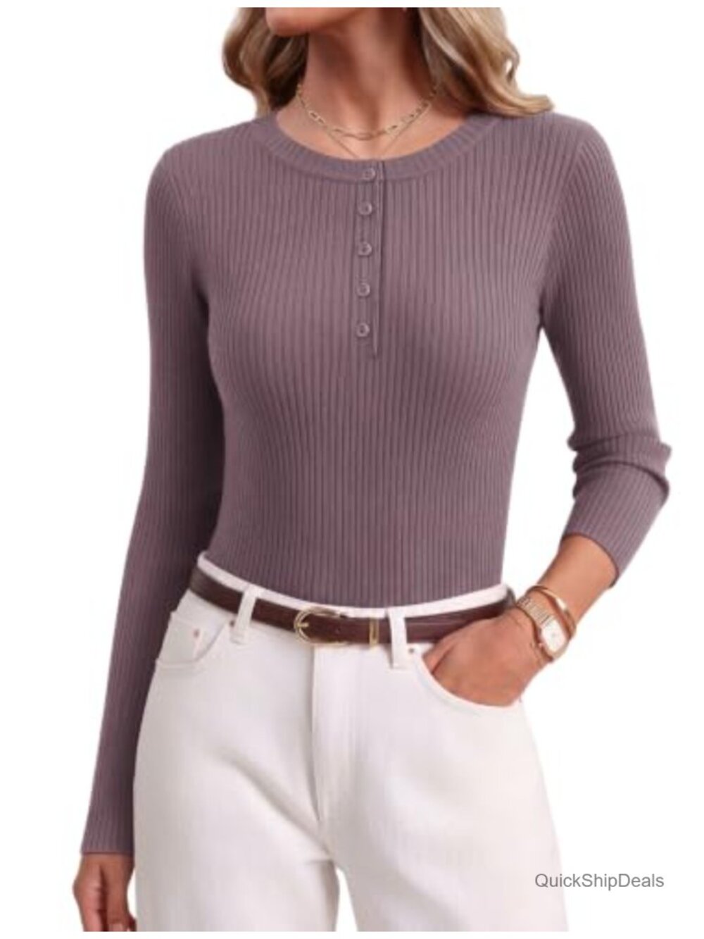 Ekouaer Long Sleeve Henley Rib Knit Sweater Pullover Slim Fit Top